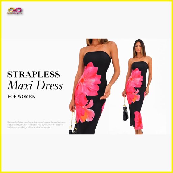 Strapless Maxi Dress Bodycon Formal Elegant Mesh Floral Wedding Guest - Picture 7 of 7